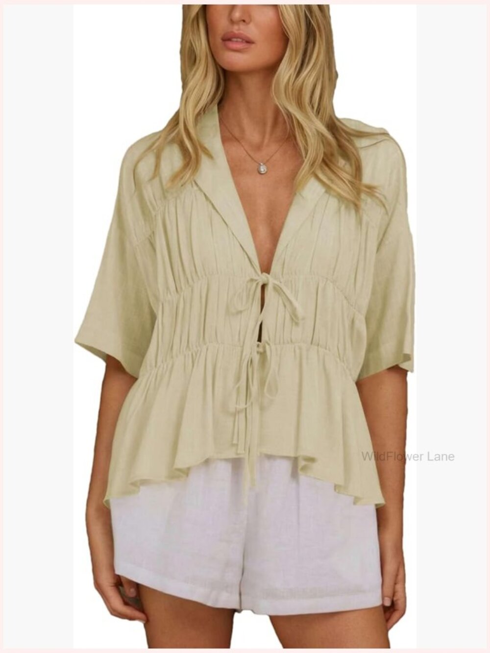 Plus Size Linen Bow Front Peplum Blouse Short Sleeve Deep V Neck Ruffle Flowy